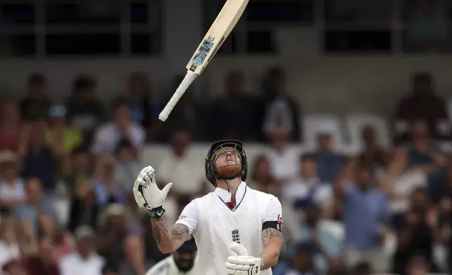 England's captain Ben Stokes reacts after being caught during day three of the first cricket test match between England and India at Headingley in Leeds, England, Sunday, June. 22, 2025. (AP Photo/Scott Heppell)