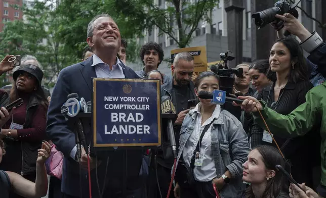 New York City Comptroller Brad Lander speaks during a press conference after being released from arrest outside federal immigration court on Tuesday, June 17, 2025, in New York. (AP Photo/Olga Fedorova)
