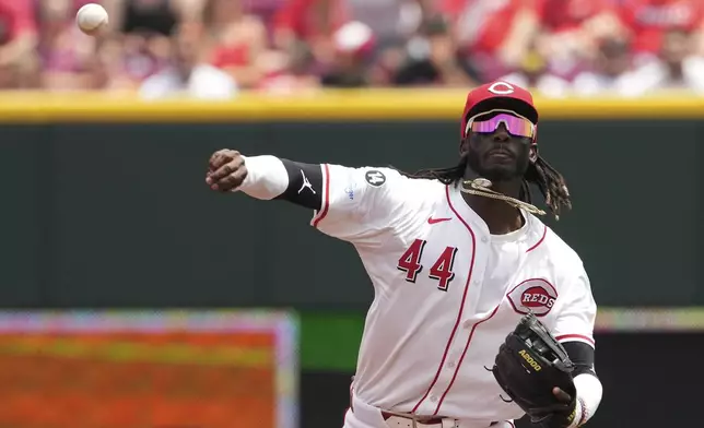 Cincinnati Reds' Elly De La Cruz throws to first base for an out of Milwaukee Brewers' Christian Yelich in the third inning of a baseball game Wednesday, June 4, 2025, in Cincinnati. (AP Photo/Kareem Elgazzar)