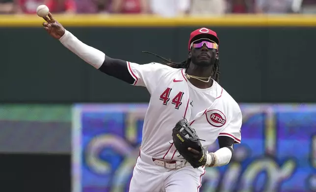 Cincinnati Reds' Elly De La Cruz throws to first base for an out on Milwaukee Brewers' Jackson Chourio during the first inning of a baseball game Wednesday, June 4, 2025, in Cincinnati. (AP Photo/Kareem Elgazzar)
