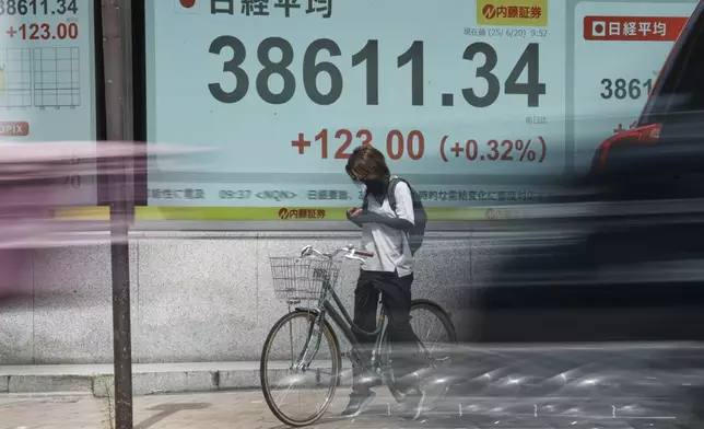 A person waits a traffic signal in front of an electronic stock board showing Japan's Nikkei index at a securities firm Friday, June 20, 2025, in Tokyo. (AP Photo/Eugene Hoshiko)