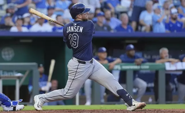 Tampa Bay Rays' Danny Jansen watches his sacrifice fly to score a run during the fourth inning of a baseball game against the Kansas City Royals, Tuesday, June 24, 2025, in Kansas City, Mo. (AP Photo/Charlie Riedel)