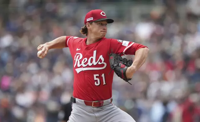 Cincinnati Reds pitcher Brady Singer throws against the Detroit Tigers in the first inning during a baseball game, Saturday, June 14, 2025, in Detroit. (AP Photo/Paul Sancya)