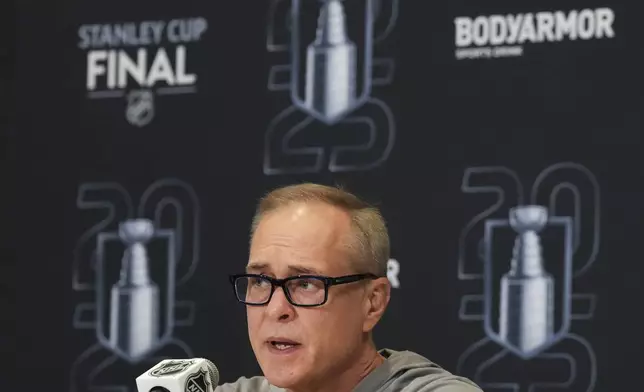 Florida Panthers head coach Paul Maurice speaks to the media during a news conference at the NHL hockey Stanley Cup Finals in Fort Lauderdale, Fla., Tuesday, June 10, 2025. (Nathan Denette/The Canadian Press via AP)
