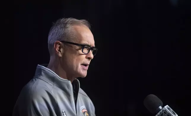 Florida Panthers' head coach Paul Maurice speaks during a news conference for the NHL hockey Stanley Cup Finals. Thursday, June 5, 2025, in Edmonton, Alberta. (Jason Franson/The Canadian Press via AP)