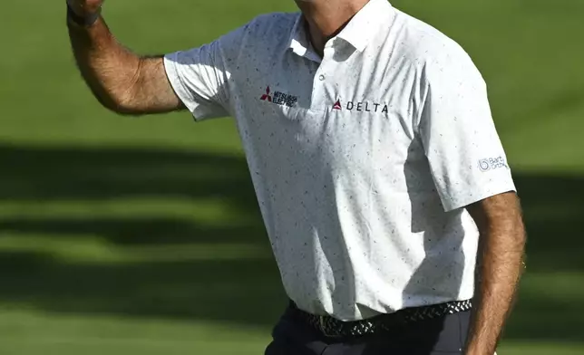 Stewart Cink reacts after sinking a birdie on the 17th hole on the first day at the U.S. Senior Open Championship at Broadmoor Golf Club in Colorado Springs, Colo., Thursday, June 26, 2025. (Jerilee Bennett/The Gazette via AP)
