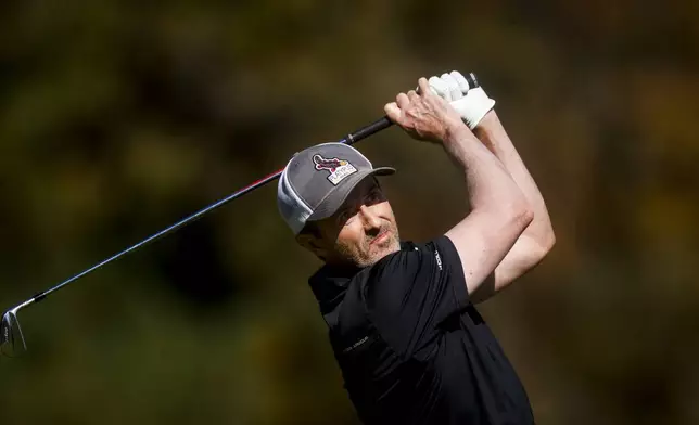 FILE - Mark Hensby drives from the 17th hole during the second round of the Dominion Energy Charity Classic golf tournament, Oct. 22, 2022, at Country Club of Virginia in Richmond, Va. (Shaban Athuman/Richmond Times-Dispatch via AP, File)