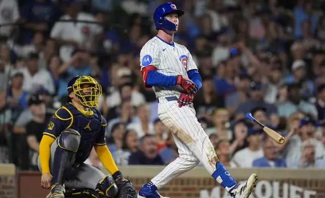 Chicago Cubs' Pete Crow-Armstrong (4) hits a home run during the eighth inning of a baseball game against the Milwaukee Brewers, Tuesday, June 17, 2025, in Chicago. (AP Photo/Erin Hooley)