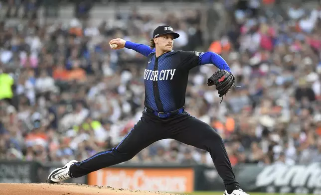 Detroit Tigers starting pitcher Sawyer Gipson-Long throws during the first inning of a baseball game against the Minnesota Twins, Friday, June 27, 2025, in Detroit. (AP Photo/Jose Juarez)