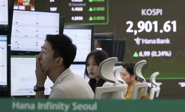 A currency trader watches monitors near a screen showing the Korea Composite Stock Price Index (KOSPI) at the foreign exchange dealing room of the KEB Hana Bank headquarters in Seoul, South Korea, Monday, June 16, 2025. (AP Photo/Ahn Young-joon)