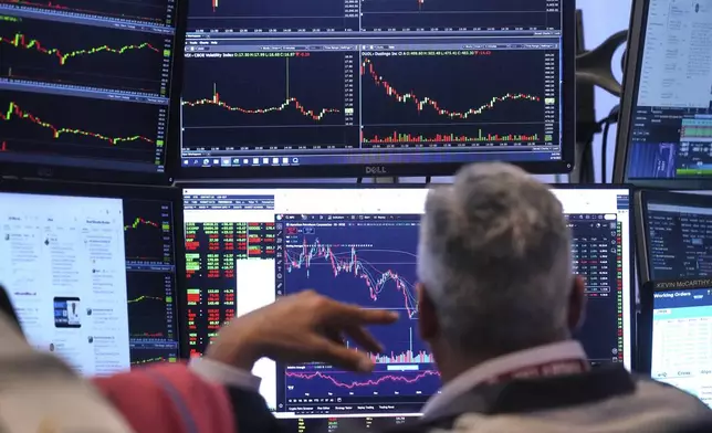 A trader watches his monitors as he works on the floor of the New York Stock Exchange, Tuesday, June 10, 2025. (AP Photo/Richard Drew)
