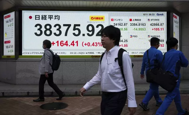 Pedestrians pass by an electronic stock board showing Japan's Nikkei index at a securities firm in Tokyo, Wednesday, June 11, 2025. (AP Photo/Louise Delmotte)