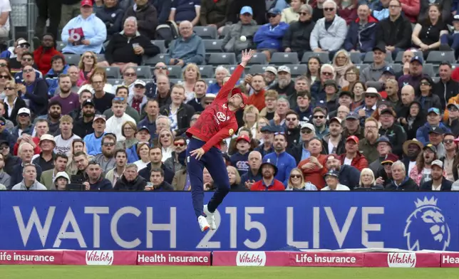 England's Will Jacks misses a catch at the boundary during the second Men's International Twenty20 match at the Seat Unique Stadium, in Bristol, England, Sunday June 8, 2025. (Nigel French/PA via AP)
