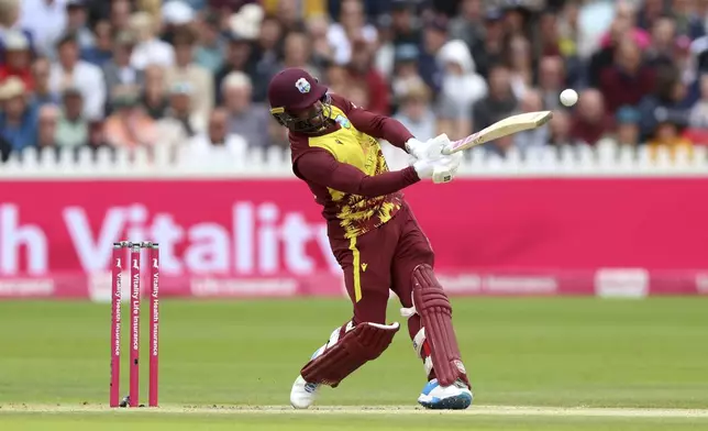 West Indies' Shai Hope bats during the second Men's International Twenty20 match at the Seat Unique Stadium, in Bristol, England, Sunday June 8, 2025. (Nigel French/PA via AP)