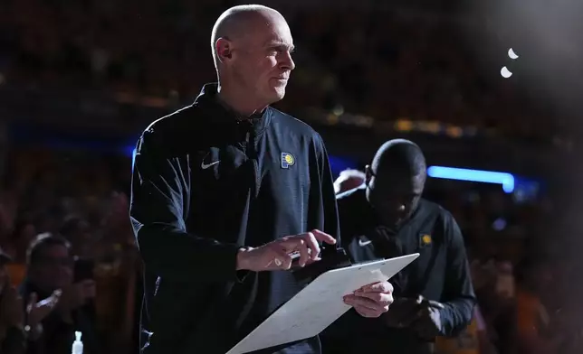 Indiana Pacers head coach Rick Carlisle stands on the sideline before Game 6 of the Eastern Conference finals of the NBA basketball playoffs against the New York Knicks in Indianapolis, Saturday, May 31, 2025. (AP Photo/Michael Conroy)