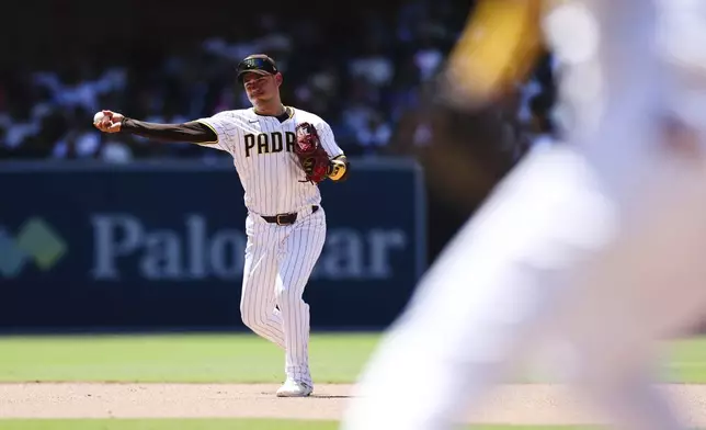 San Diego Padres shortstop Jose Iglesias, left, throws to first base for an out on a hit by Washington Nationals' Brady House in the seventh inning of a baseball game Wednesday, June 25, 2025, in San Diego. (AP Photo/Derrick Tuskan)