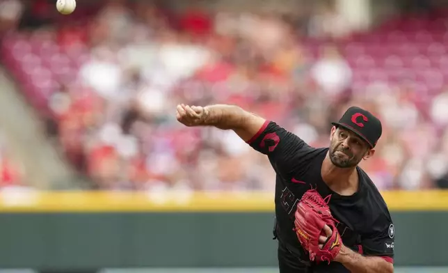 Cincinnati Reds pitcher Nick Martinez throws during the first inning of a baseball game against the San Diego Padres, Friday, June 27, 2025, in Cincinnati. (AP Photo/Jeff Dean)