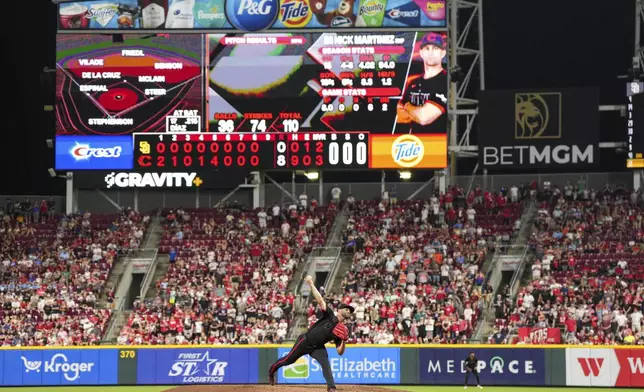 Cincinnati Reds pitcher Nick Martinez throws during the ninth inning of a baseball game against the San Diego Padres, Friday, June 27, 2025, in Cincinnati. (AP Photo/Jeff Dean)