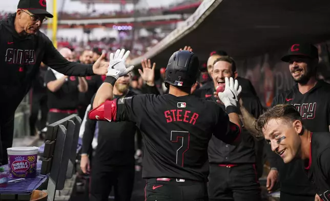 Cincinnati Reds' Spencer Steer (7) celebrates with teammates after hitting a two-run home run during the fifth inning of a baseball game against the San Diego Padres, Friday, June 27, 2025, in Cincinnati. (AP Photo/Jeff Dean)