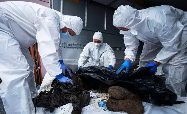 Ukrainian servicemen inspect a body of their comrade repatriated from Russia, at the morgue in Kyiv, Ukraine, on Thursday, June 26, 2025. (AP Photo/Evgeniy Maloletka)