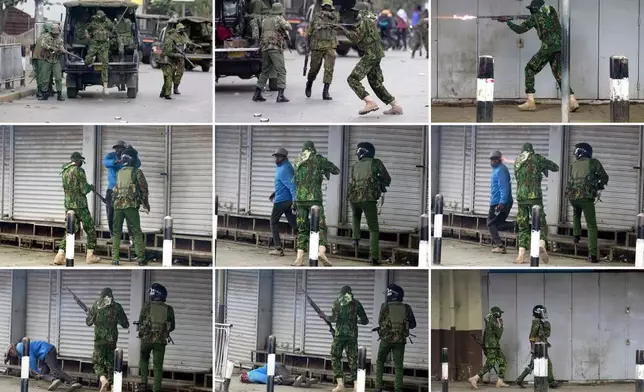ADDS NAME: EDS NOTE: GRAPHIC CONTENT - This photo combination shows the sequence of events leading to a Kenyan police officer shooting vendor Boniface Kariuki in the head at close range, Tuesday, June 17, 2025, in Nairobi, Kenya. (AP Photo/Brian Inganga)