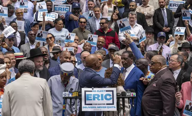 New York Mayor Eric Adams reacts as he speaks during a campaign launch rally at City Hall, Thursday, June. 26, 2025, in New York. (AP Photo/Yuki Iwamura)