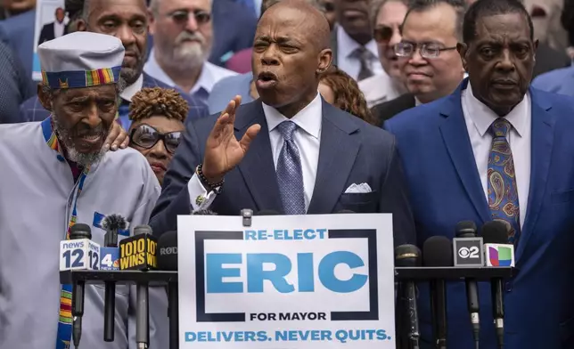 New York Mayor Eric Adams speaks during a campaign launch rally at City Hall, Thursday, June. 26, 2025, in New York. (AP Photo/Yuki Iwamura)