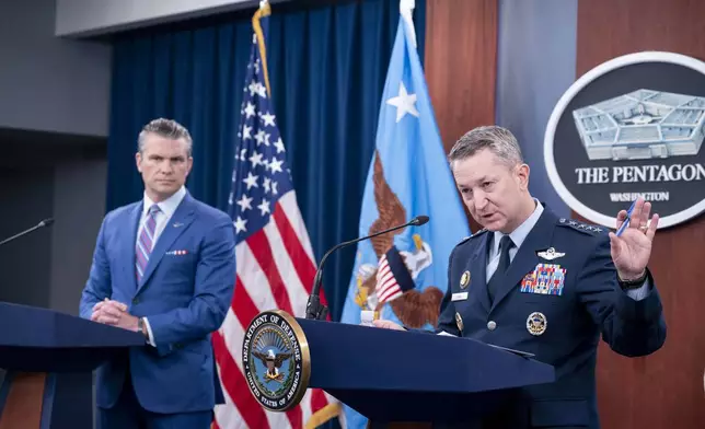 Joint Chiefs Chairman Gen. Dan Caine speaks at a news conference with Defense Secretary Pete Hegseth at the Pentagon, Thursday, June 26, 2025 in Washington. (AP Photo/Kevin Wolf)