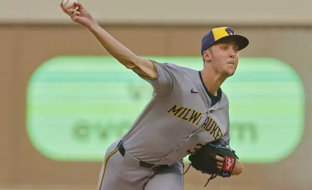 Milwaukee Brewers starting pitcher Jacob Misiorowski throws to the Minnesota Twins in the first inning of a baseball game Friday, June 20, 2025, in Minneapolis. (AP Photo/Bruce Kluckhohn)