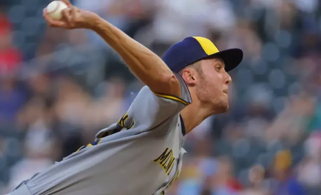 Milwaukee Brewers starting pitcher Jacob Misiorowski throws to the Minnesota Twins in the fourth inning of a baseball game Friday, June 20, 2025, in Minneapolis. (AP Photo/Bruce Kluckhohn)