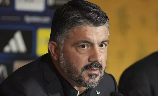 Newly appointed Italian national soccer team head coach Rino Gattuso holds a press conference, in Rome, Thursday, June 19, 2025. (AP Photo/Alessandra Tarantino)