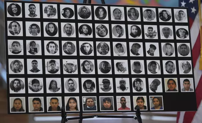 Photos of victims are displayed during a news conference following the the sentence hearing for Felipe Orduna-Torres and Armando Gonzales-Ortega, smugglers connected to an operation that led to the deaths of 53 migrants in the back of a tractor-trailer, Friday, June 27, 2025, in San Antonio. (AP Photo/Eric Gay)