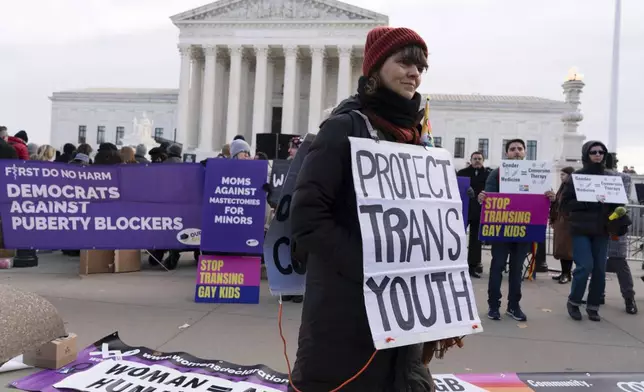 FILE - Protesters for and against gender-affirming care for transgender minors demonstrate outside the Supreme Court on Dec. 4, 2024, in Washington. (AP Photo/Jose Luis Magana, File)