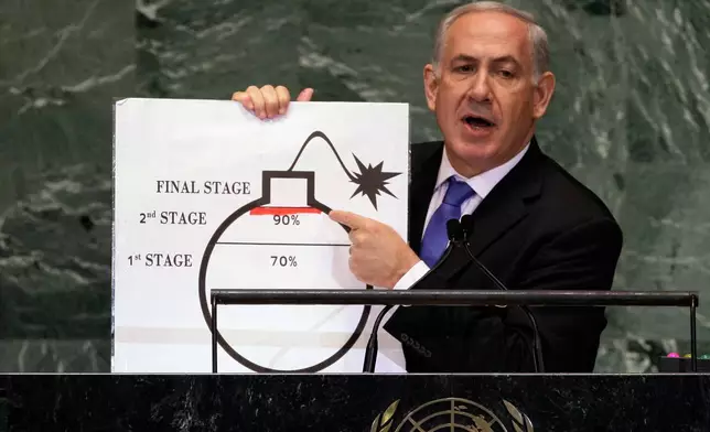 FILE - Israeli Prime Minister Benjamin Netanyahu shows an illustration as he describes his concerns over Iran's nuclear ambitions during his address to the 67th session of the United Nations General Assembly at U.N. headquarters, Sept. 27, 2012. (AP Photo/Richard Drew, File)