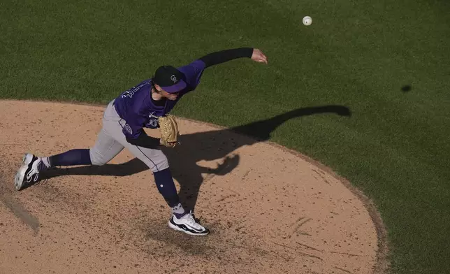 Colorado Rockies' Ryan Rolison pitches during the seventh inning of a baseball game against the New York Mets Saturday, May 31, 2025, in New York. (AP Photo/Frank Franklin II)