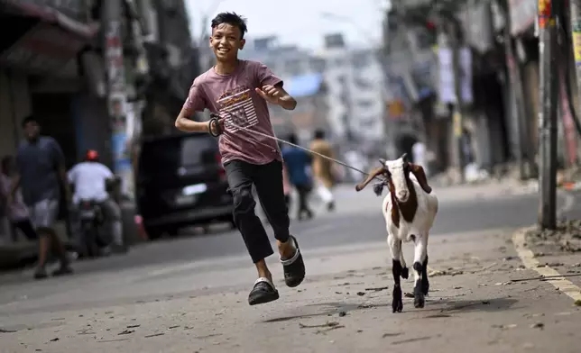 A boy runs with a goat meant for sacrifice during the Muslim festival of Eid al-Adha at Baitul Mukarram National Mosque in Dhaka, Bangladesh, Saturday, June 7, 2025. (AP Photo/Mahmud Hossain Opu)
