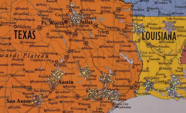 Star stickers are placed on a map showing where in Texas and Louisiana the Massachusetts Medication Abortion Access Project sends medication to their clients, May 13, 2025, in Somerville, Mass. (AP Photo/Charles Krupa)