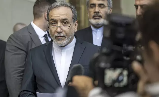 Iranian Foreign Minister Abbas Araghchi, speaks to the media after an Iran-EU nuclear meeting, in Geneva, Switzerland, Friday, June 20, 2025. (Martial Trezzini/Keystone via AP)