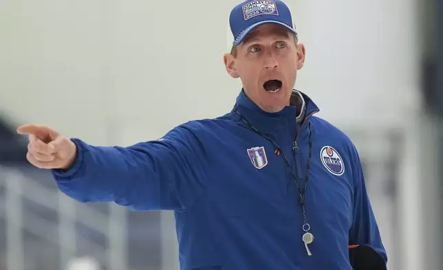 Edmonton Oilers head coach Kris Knoblauch yells during practice at the NHL Stanley Cup Finals in Fort Lauderdale, Fla., Tuesday, June 10, 2025.(Nathan Denette/The Canadian Press via AP)
