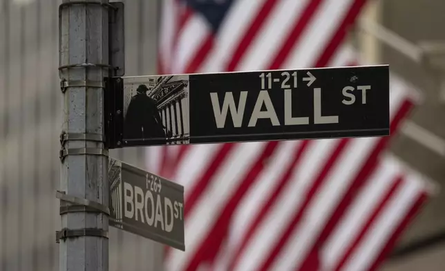 A Wall Street sign hangs near to the New York Stock Exchange, Wednesday, June 18, 2025, in New York. (AP Photo/Yuki Iwamura)