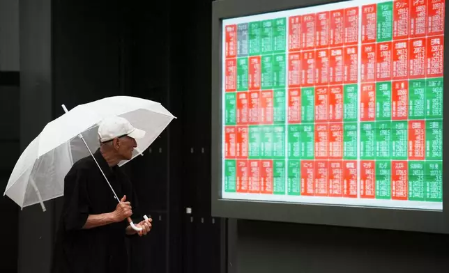 A person looks at an electronic stock board showing Japan's Nikkei index at a securities firm Wednesday, June 25, 2025, in Tokyo. (AP Photo/Eugene Hoshiko)