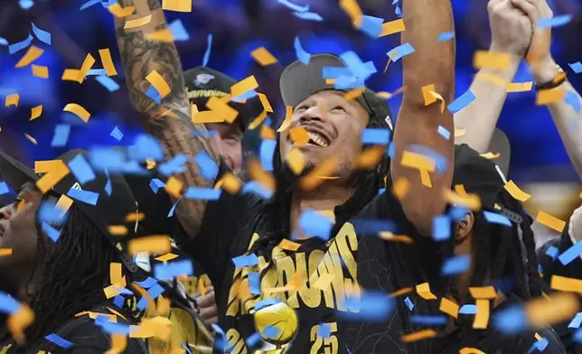 Oklahoma City Thunder forward Jalen Williams celebrates after they won the NBA basketball championship with a Game 7 victory against the Indiana Pacers Sunday, June 22, 2025, in Oklahoma City. (AP Photo/Julio Cortez)
