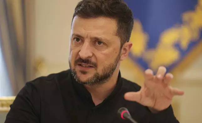 Ukrainian President Volodymyr Zelenskyy speaks to journalists during a press conference in Kyiv, Ukraine, on Wednesday, June 4, 2025. (AP Photo/Evgeniy Maloletka)