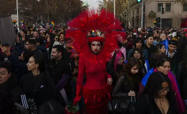 People take part in the annual Gay Pride parade marking LGBTQ+ Pride month, in Santiago, Chile, Saturday, June 21, 2025. (AP Photo/Esteban Felix)