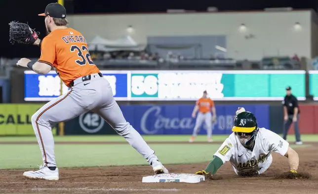 Baltimore Orioles first baseman Ryan O'Hearn (32) attempts to tag out Athletics' Jacob Wilson during the sixth inning of a baseball game Saturday, June 7, 2025, in West Sacramento, Calif. (AP Photo/Sara Nevis)