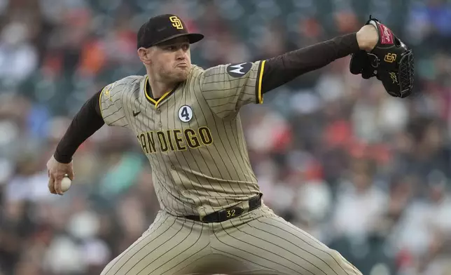 San Diego Padres pitcher Stephen Kolek throws against the San Francisco Giants during the first inning of a baseball game in San Francisco, Monday, June 2, 2025. (AP Photo/Jeff Chiu)