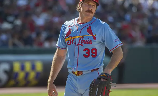 St. Louis Cardinals starting pitcher Miles Mikolas reacts after giving up a two-run home run to Cleveland Guardians' Gabriel Arias during the fourth inning of a baseball game, Saturday, June 28, 2025, in Cleveland. (AP Photo/Phil Long)