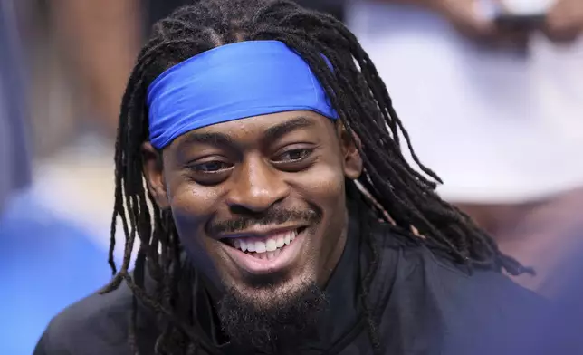 Oklahoma City Thunder guard Luguentz Dort gives an interview after a practice, Wednesday, June 4, 2025, ahead of Game 1 of the NBA Finals basketball series against the Indiana Pacers in Oklahoma City. (AP Photo/Nate Billings)