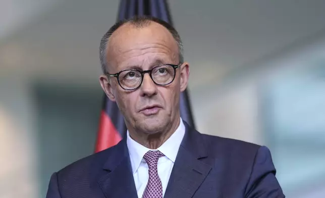 Germany's Chancellor Friedrich Merz attends a news conference at the chancellery in Berlin, Germany, Wednesday, May 28, 2025.(AP Photo/Markus Schreiber)