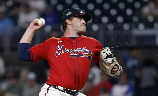 Atlanta Braves pitcher Bryce Elder throws during the first inning of a baseball game against the Philadelphia Phillies, Friday, June 27, 2025, in Atlanta. (AP Photo/Butch Dill)